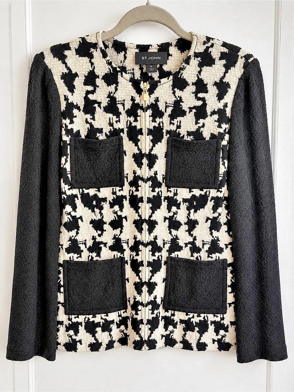 St. John houndstooth Knit Jacket Black & Cream Size 10 EUC